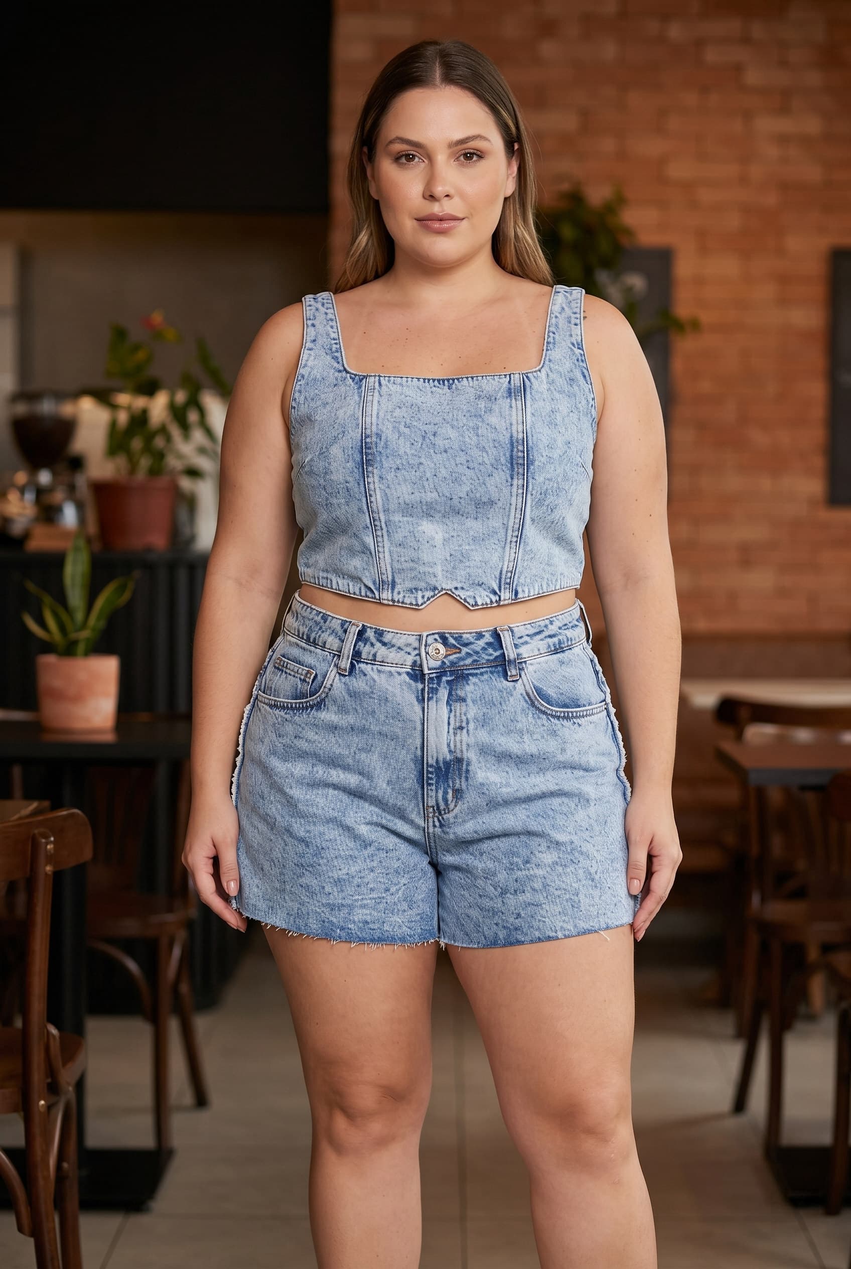 Modelo vestindo Combinado de Jean, gerada por IA